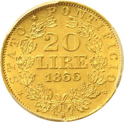 イタリア　パパル 1866年　20リレ金貨 ピウス9世　PCGS鑑定