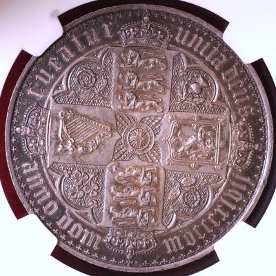 イギリス1847年ビクトリアヴィクトリア　ゴチックゴシッククラウン銀貨PF62 UNDECIMO　流麗ブルートーン