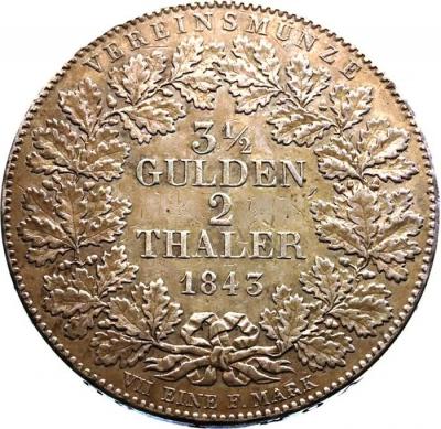 ドイツ 1843年フランクフルト　　2ターラー(3 1/2グルデン)　大型　銀貨　人気イーグルレリーフ