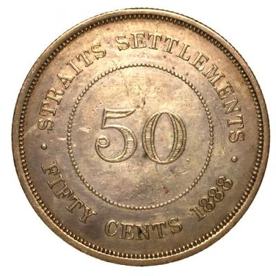 旧イギリス領海峡植民地Straits Settlements　1888年　50セント　銀貨　ヴィクトリア　ビクトリア　#クラウン