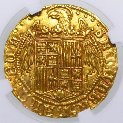 スペイン　1476-1516年　フェルナンド2世 イザベル1世 2エクセレント金貨 NGC AU58
