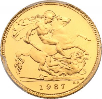 イギリス　1987年　1/2ソブリン　金貨　エリザベス2世　聖ジョージと竜退治　PCGS PR69 DCAM