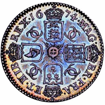 イギリス　イングランド　1674年　銀貨　チャールズ2世 6ペンス　超希少唯一的レインボートーン