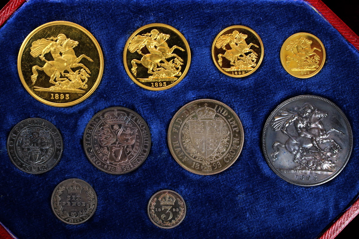 英国　1893年　ビクトリアヴィクトリア　ヴェールドヘッドプルーフ金貨銀貨10枚セット