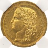 スイス　1883年B　ヘルヴェティア　20フラン金貨　ベルンミント　UNC未使用