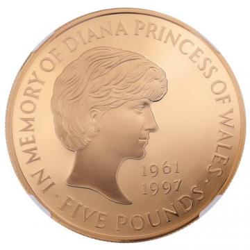 イギリス1999年　エリザベス5ポンドプルーフ金貨　ダイアナ追悼　NGC　PF69UCAM　付属品付