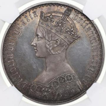 イギリス 1847年ヴィクトリアビクトリアゴシッククラウン　プルーフ銀貨プレーンエッジ BULL-2578a ESC R4指定レア