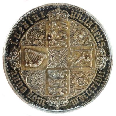 イギリス1847年ビクトリアヴィクトリア　ゴチックゴシッククラウン銀貨Undecimo on edge　PCGS　PR64+Cameo　ディープブルートーン　