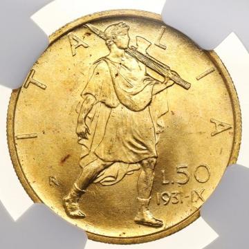 イタリア 1931R 50リレ金貨ヴィットリオ・エマヌエーレ3世　体制9周年　NGC MS63