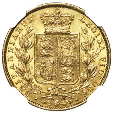 イギリス　1855年銘　ソブリン金貨　ビクトリアヤングヘッド　NGC　AU55　WWイニシャル陰刻