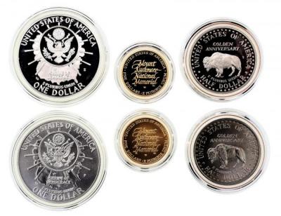 アメリカ　1991年　ラッシュモア山記念　プルーフ金貨・銀貨等6枚セット　COA　オリジナル木製箱　おまけ付