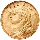 スイス　1935年L-B　アルプスと少女　ブレネリ　ヘルベティア　20フラン金貨　ベルンミントUNC　未使用