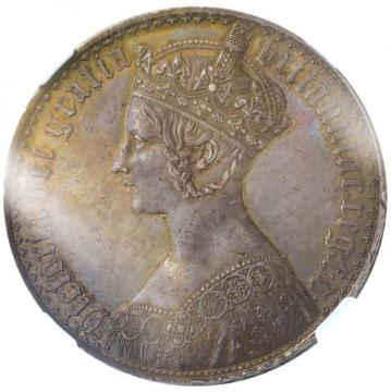 イギリス1847年ビクトリアヴィクトリア　ゴチックゴシッククラウン銀貨Undecimo on edge　NGC PF58