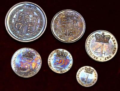 イギリス　1816, 20年　シリング〜ペニー銀貨6枚セット　究極のエメラルド・レインボートーン