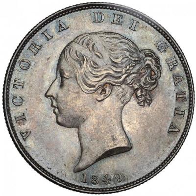 イギリス　1849年　ビクトリアヴィクトリア ハーフクラウン銀貨 Large Date未使用UNC　　 ビクトリアヤングヘッド　ESC　S指定レア 美麗レインボートーン